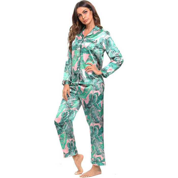 Satin Long Sleeve Printed Button Down Pajama Set