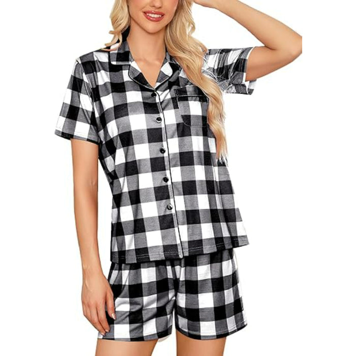 Button Down Plaid Print Short Sleeve Sleepwear Set