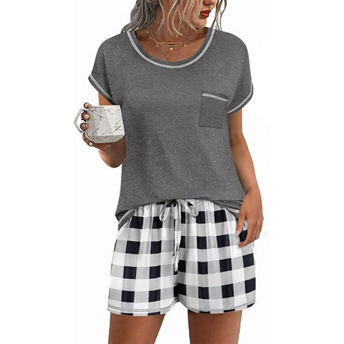 Contrast Piping Short Sleeve Pajama Set With Pocket