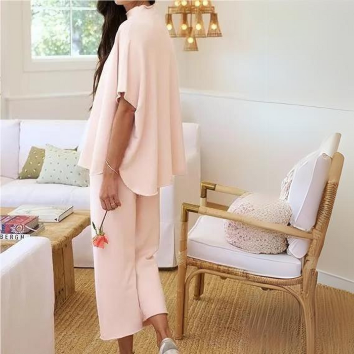 Batwing Sleeve And Wide Length Trousers Set