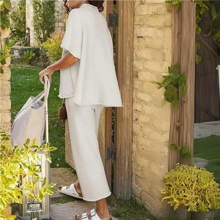 Batwing Sleeve And Wide Length Trousers Set