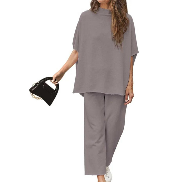 Batwing Sleeve And Wide Length Trousers Set