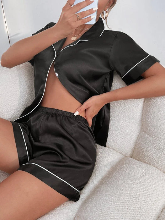 Contrast Button Up Piping Satin Pajama Set