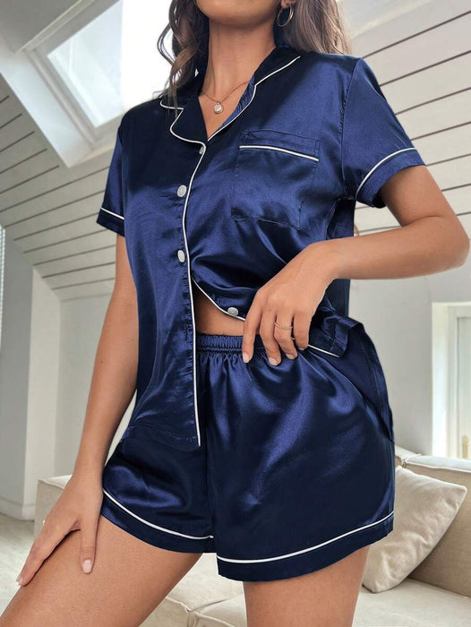 Contrast Button Up Piping Satin Pajama Set