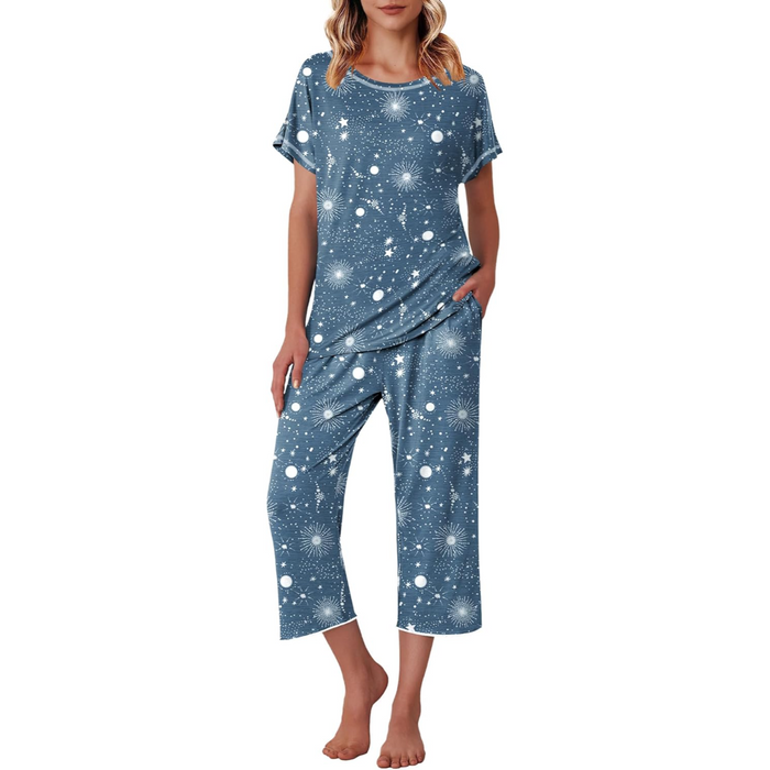 Matching Printed Capri Pajama Set With Short Sleeve Top