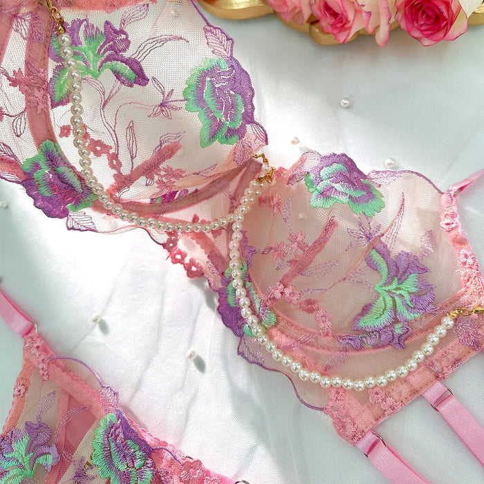 Floral Embroidery Pearl Chain Lingerie Set