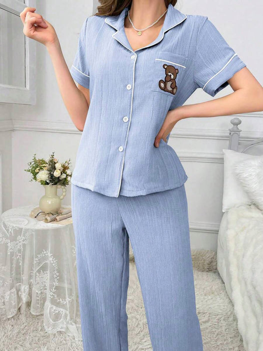 Embroidery Teddy Bear Printed Pajama Set