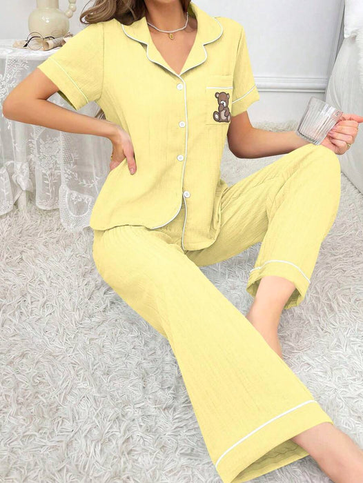 Embroidery Teddy Bear Printed Pajama Set