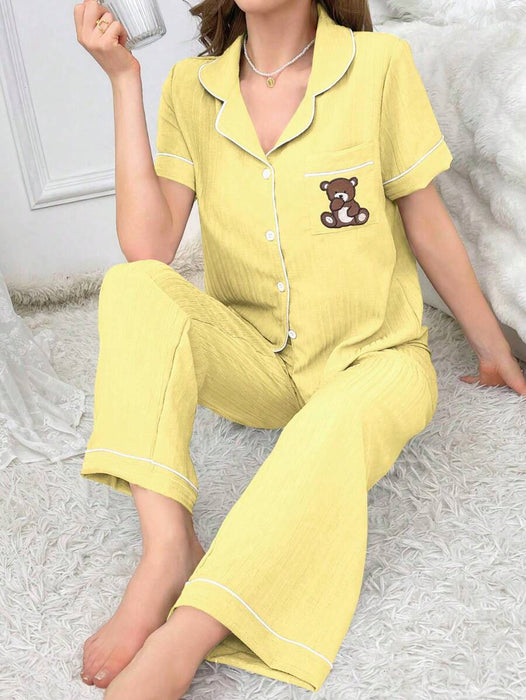 Embroidery Teddy Bear Printed Pajama Set