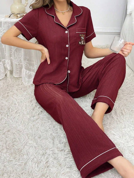 Embroidery Teddy Bear Printed Pajama Set