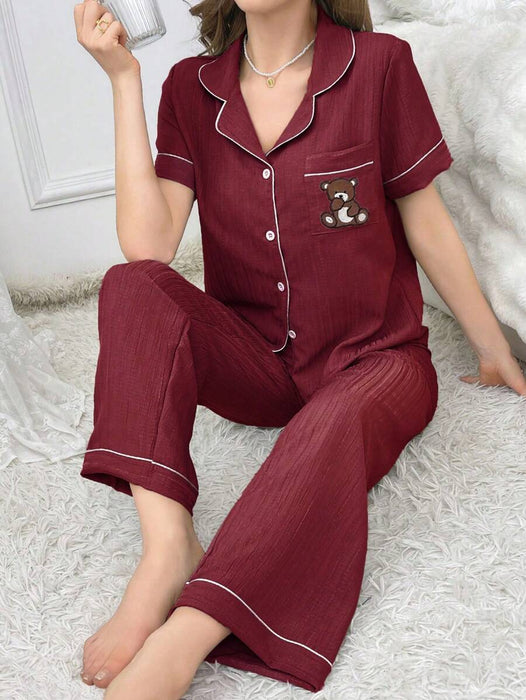 Embroidery Teddy Bear Printed Pajama Set