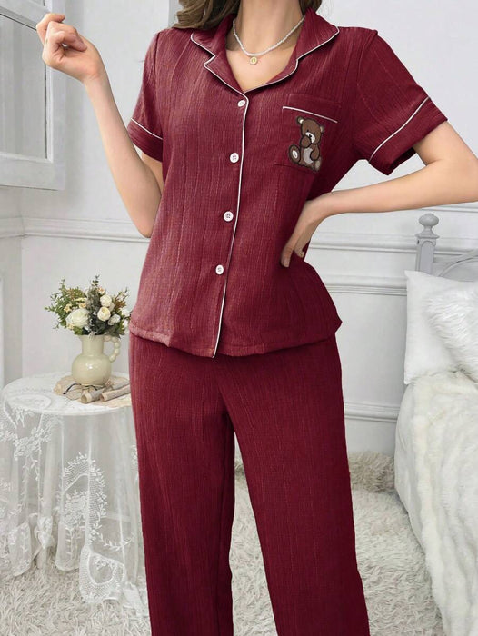 Embroidery Teddy Bear Printed Pajama Set