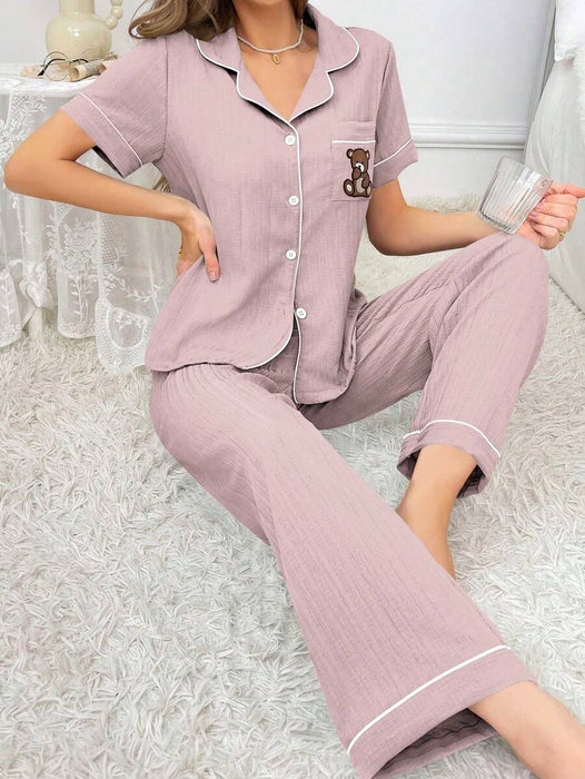 Embroidery Teddy Bear Printed Pajama Set