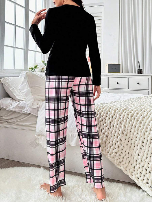 Long Sleeve Top And Plaid Print Pajama Set