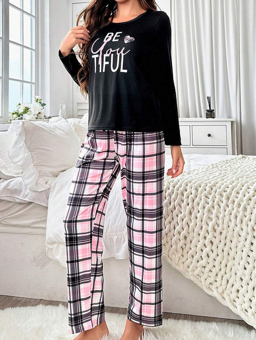 Long Sleeve Top And Plaid Print Pajama Set