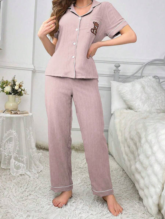 Embroidery Teddy Bear Printed Pajama Set