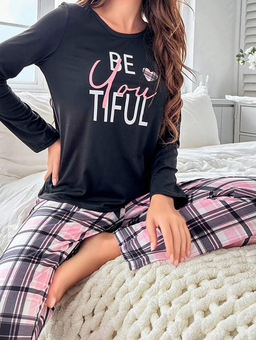 Long Sleeve Top And Plaid Print Pajama Set