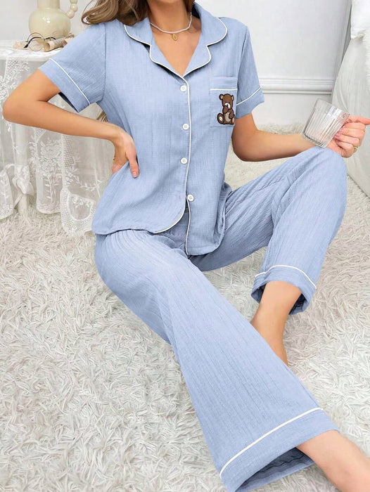 Embroidery Teddy Bear Printed Pajama Set