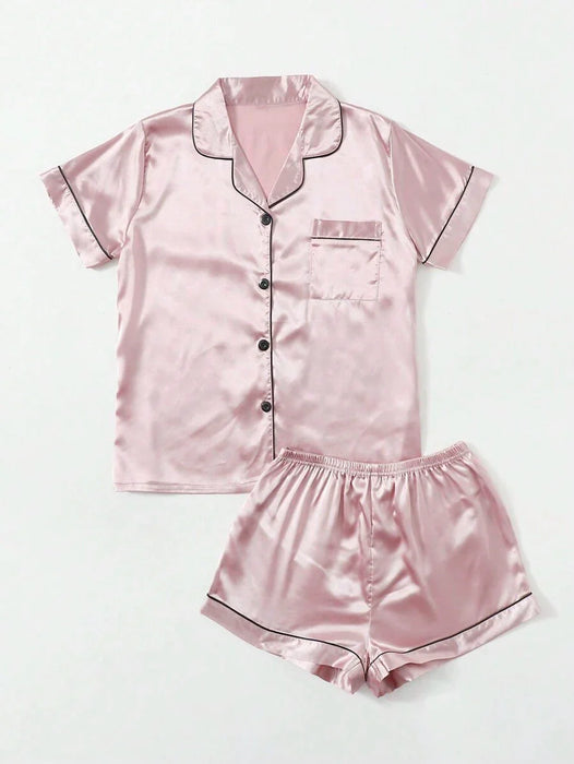 Contrast Binding Button Up Satin Matching Pajama Set