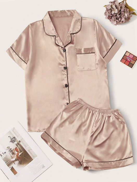 Contrast Binding Button Up Satin Matching Pajama Set