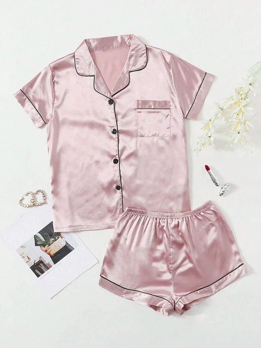 Contrast Binding Button Up Satin Matching Pajama Set