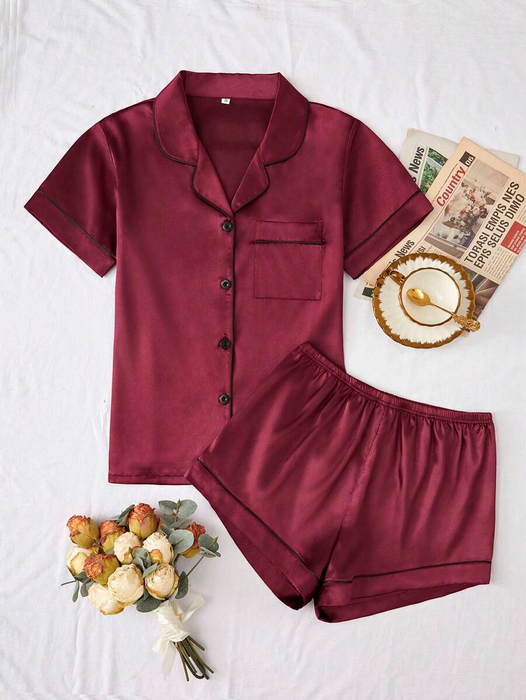 Contrast Binding Button Up Satin Matching Pajama Set