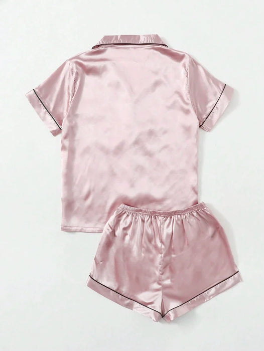 Contrast Binding Button Up Satin Matching Pajama Set