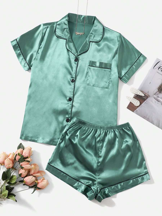 Contrast Binding Button Up Satin Matching Pajama Set