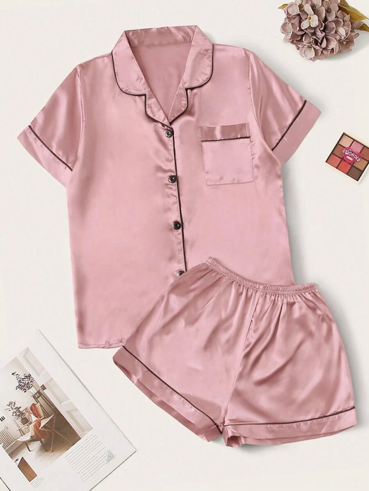 Contrast Binding Button Up Satin Matching Pajama Set