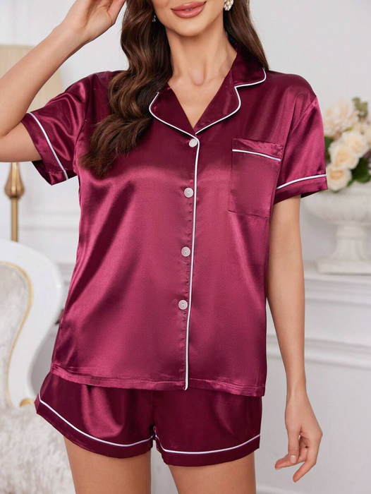 Contrast Button Up Piping Satin Pajama Set