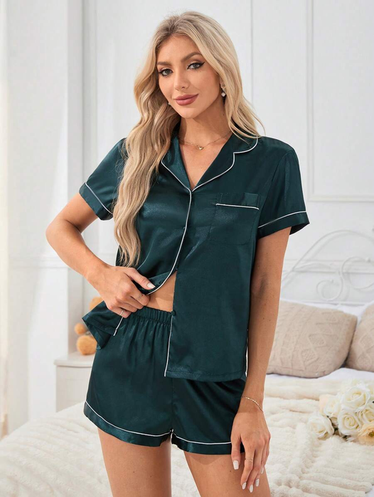 Contrast Button Up Piping Satin Pajama Set